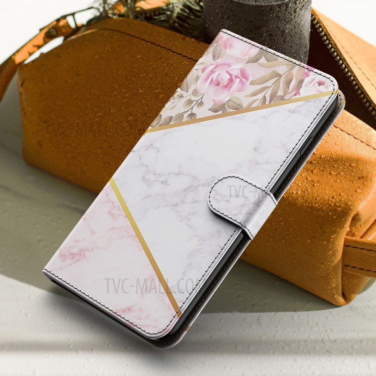 Marble Pattern Print Wallet Stand Design Shockproof Leather Phone Shell Case for Samsung Galaxy S21 Ultra 5G - Rose-7