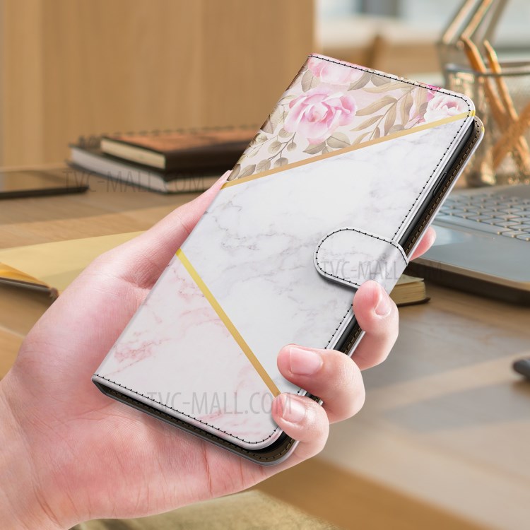 Marble Pattern Print Wallet Stand Design Shockproof Leather Phone Shell Case for Samsung Galaxy S21 Ultra 5G - Rose-8