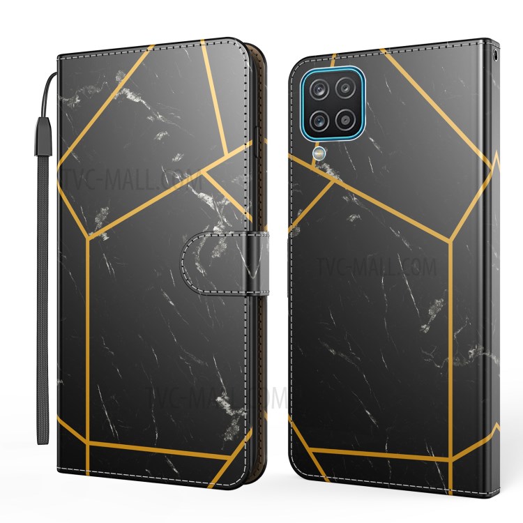 Marble Pattern PU Leather Phone Shell for Samsung Galaxy A12 Wallet Stand Mobile Case - Black-1