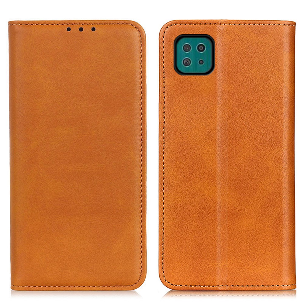 Magnetic Closure Split Leather Phone Case Shell Wallet Stand Cover for Samsung Galaxy A22 5G (EU Version) - Brown-1