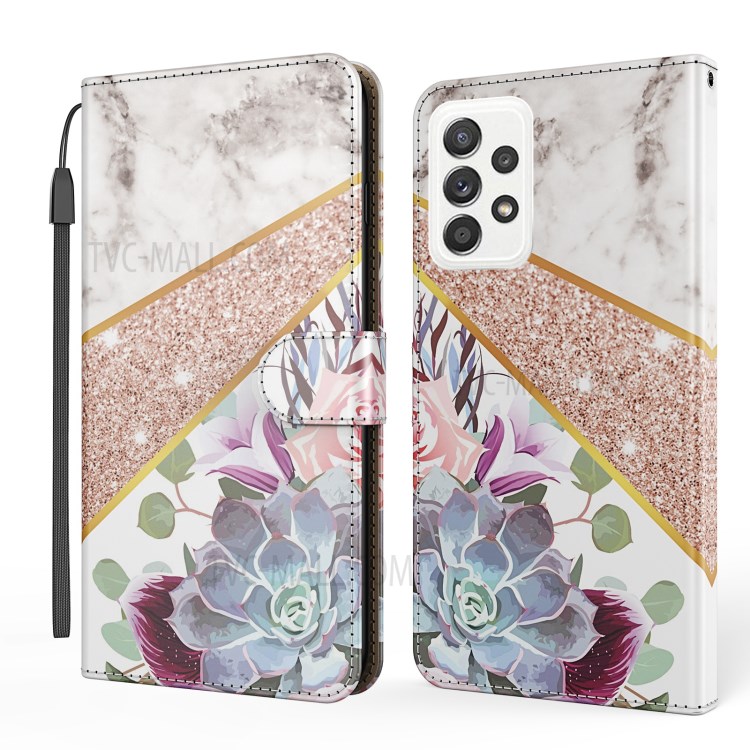 Pattern Printing Marble Leather Protector Case Wallet for Samsung Galaxy A72 4G / 5G - White / Flower-1