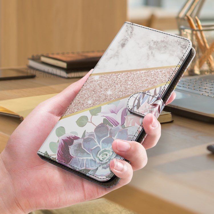 Pattern Printing Marble Leather Protector Case Wallet for Samsung Galaxy A72 4G / 5G - White / Flower-8