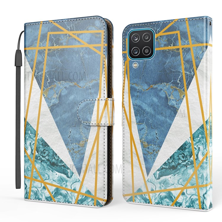 Marble Pattern Leather Wallet Cover with Supporting Stand and Strap for Samsung Galaxy A12 - Blue / White-1