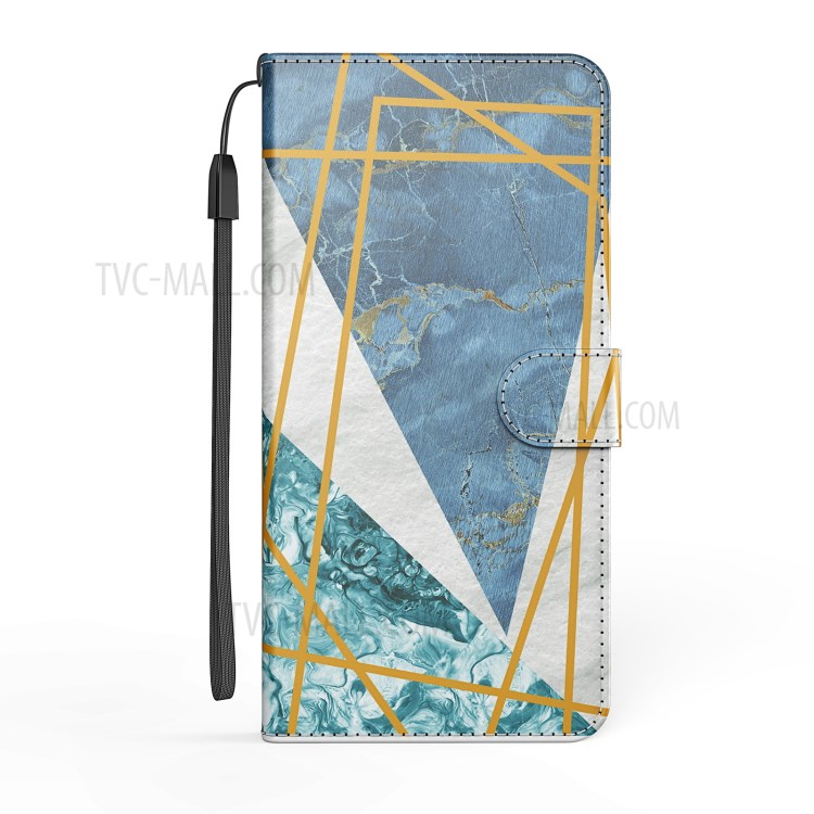 Marble Pattern Leather Wallet Cover with Supporting Stand and Strap for Samsung Galaxy A12 - Blue / White-4
