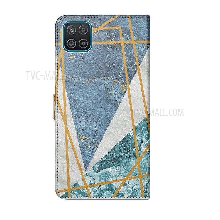 Marble Pattern Leather Wallet Cover with Supporting Stand and Strap for Samsung Galaxy A12 - Blue / White-5