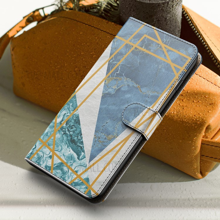 Marble Pattern Leather Wallet Cover with Supporting Stand and Strap for Samsung Galaxy A12 - Blue / White-7