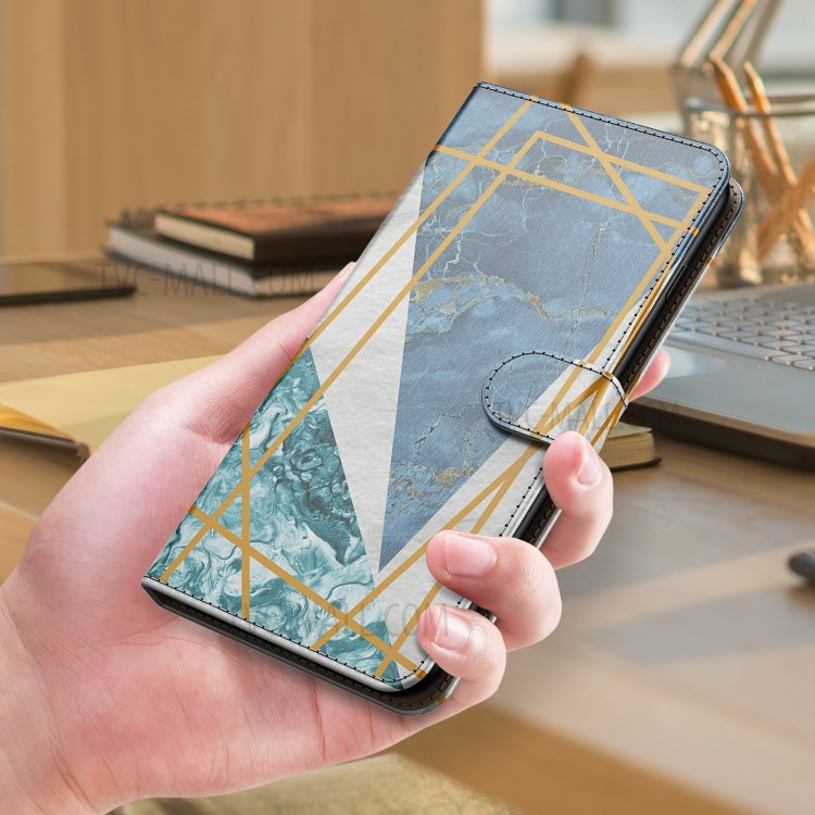 Pattern Printing Marble Style Wallet Leather Phone Case Stand for Samsung Galaxy A42 5G - Blue / White-8