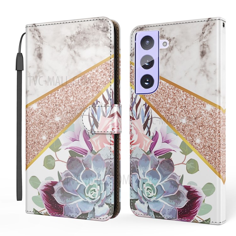 Marble Pattern Printing Leather Wallet Case Shell for Samsung Galaxy S21 FE / Fan Edition - White / Flower-1
