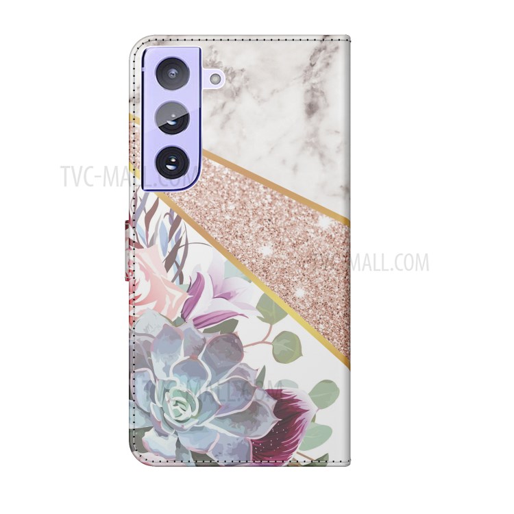 Marble Pattern Printing Leather Wallet Case Shell for Samsung Galaxy S21 FE / Fan Edition - White / Flower-5