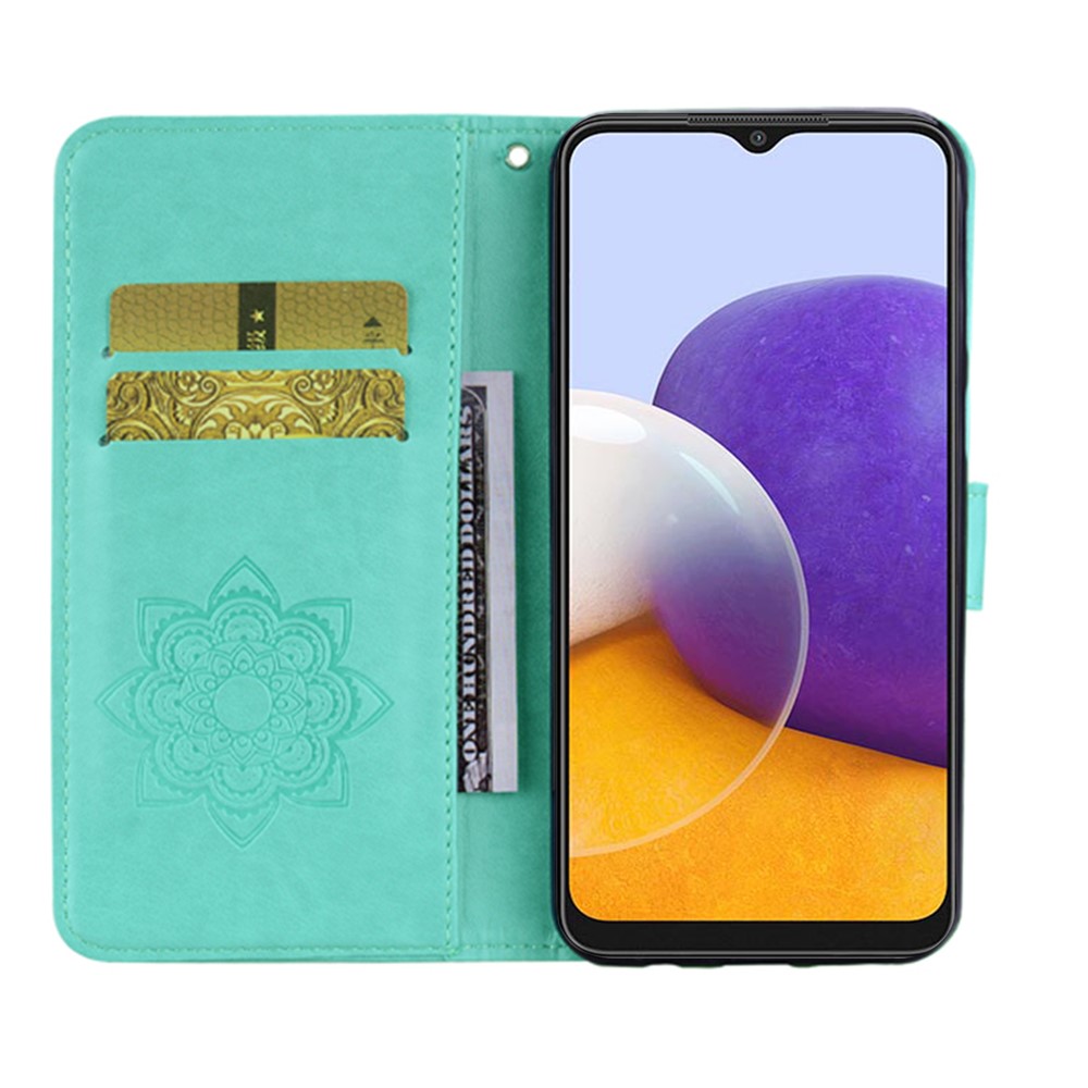 Imprint Flower Owl Pattern Stand Phone Leather Wallet Cover for Samsung Galaxy A22 5G (EU Version) - Cyan-3