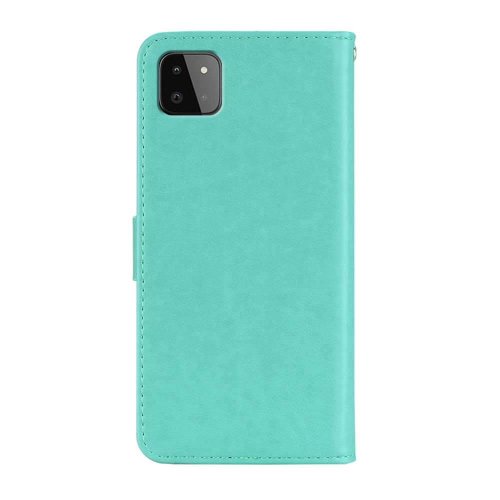 Imprint Flower Owl Pattern Stand Phone Leather Wallet Cover for Samsung Galaxy A22 5G (EU Version) - Cyan-5