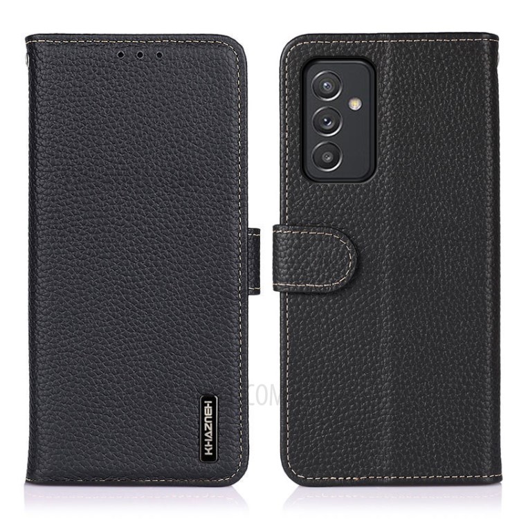 KHAZNEH Litchi Skin Top Layer Genuine Leather Wallet Case for Samsung Galaxy A82 5G - Black-1