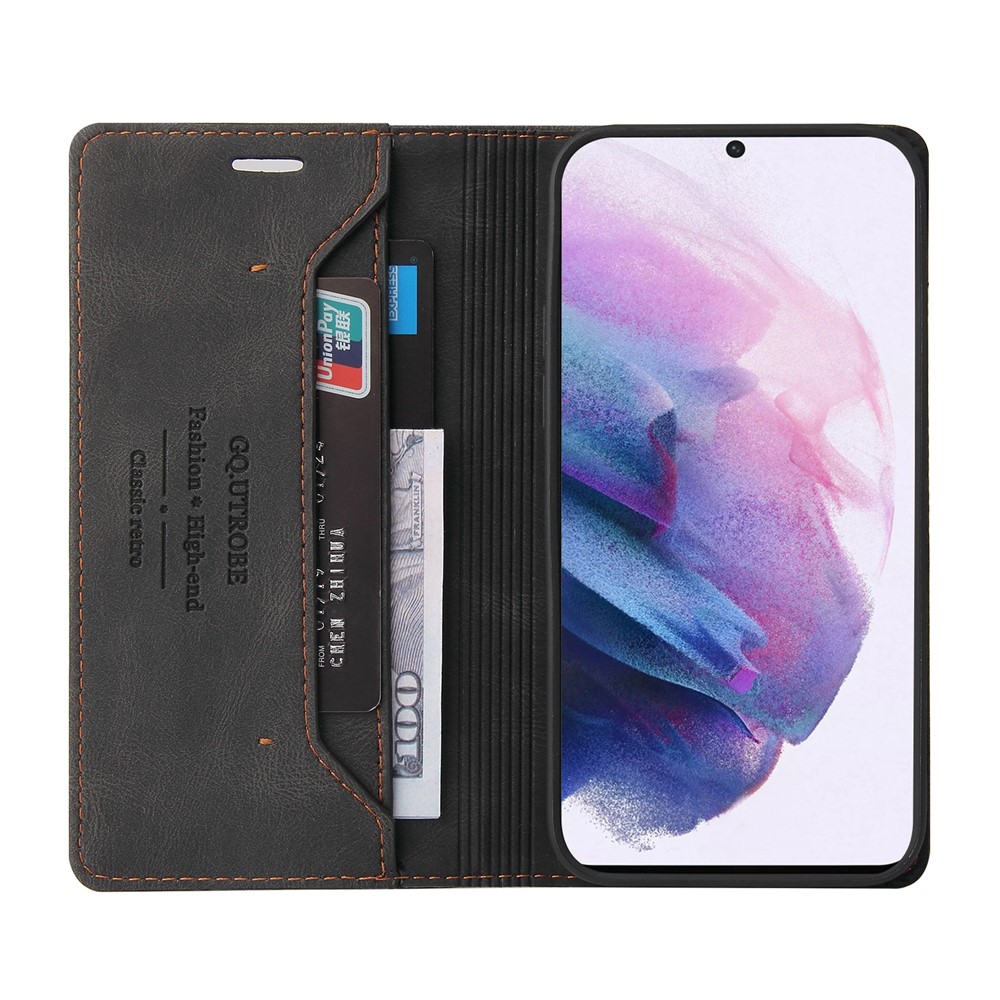 GQ.UTROBE Auto- absorbed Quality Leather Phone Shell Case with Anti-theft Swiping Design for Samsung Galaxy S21 FE - Black-4