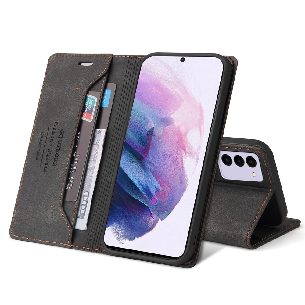 GQ.UTROBE Auto- absorbed Quality Leather Phone Shell Case with Anti-theft Swiping Design for Samsung Galaxy S21 FE - Black-5