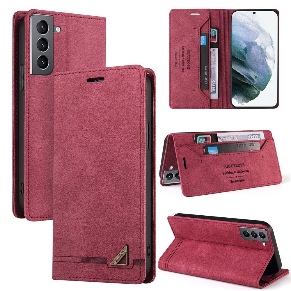 GQ.UTROBE Auto- absorbed Quality Leather Phone Shell Case with Anti-theft Swiping Design for Samsung Galaxy S21 5G - Red-10