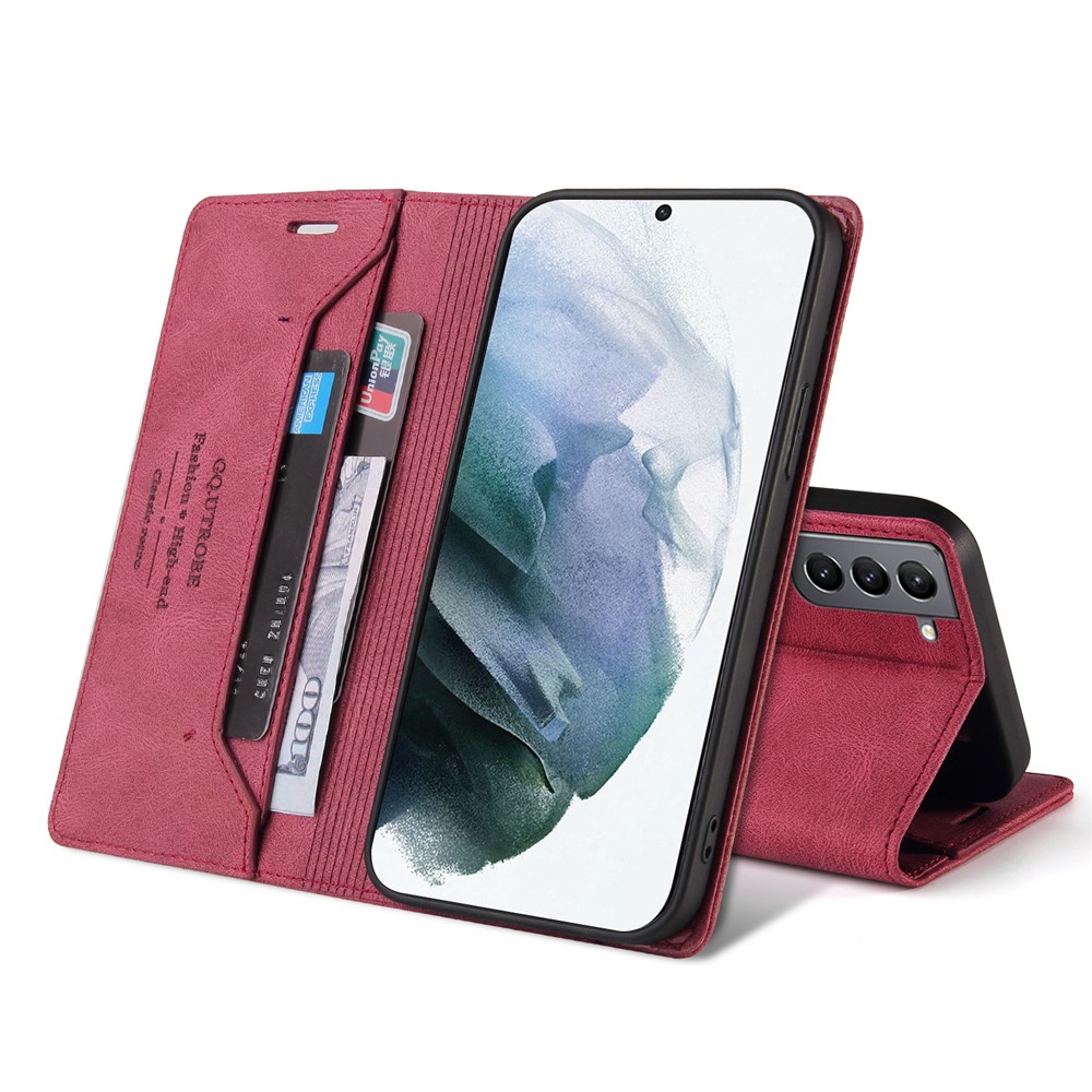 GQ.UTROBE Auto- absorbed Quality Leather Phone Shell Case with Anti-theft Swiping Design for Samsung Galaxy S21 5G - Red-4