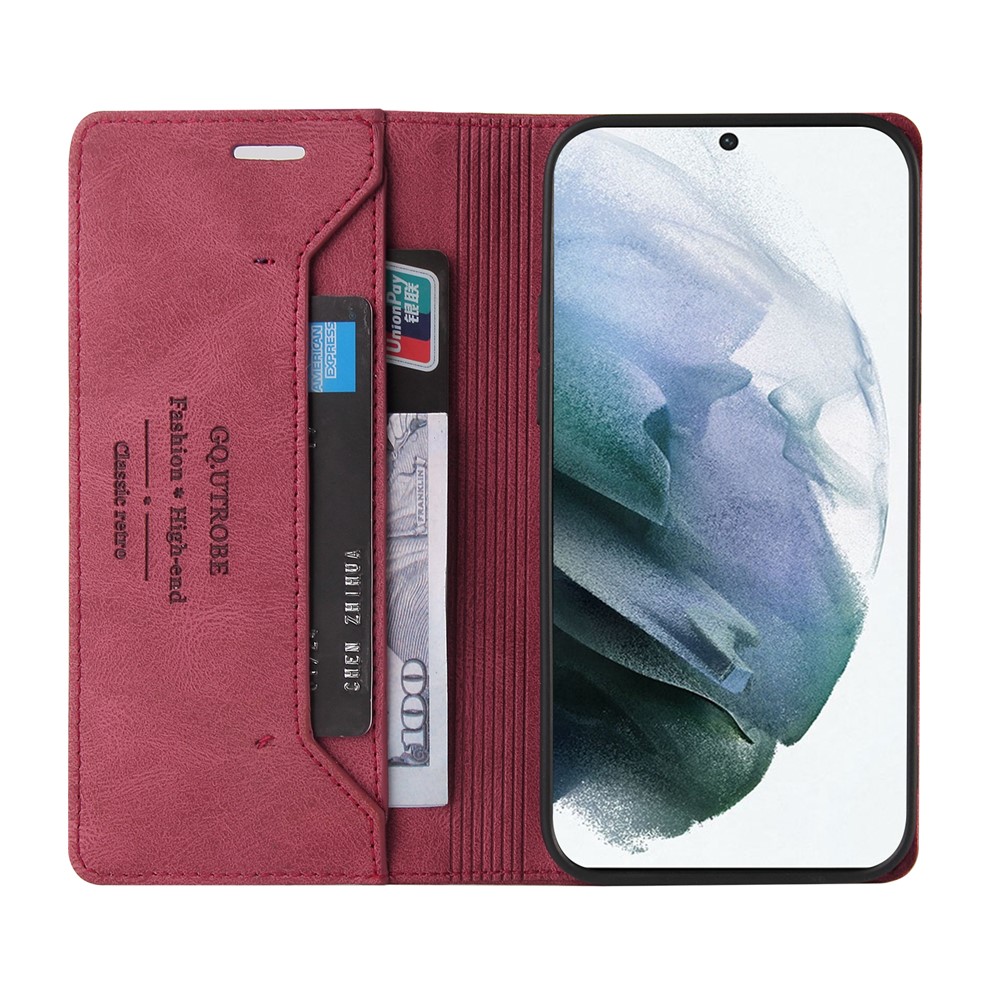 GQ.UTROBE Auto- absorbed Quality Leather Phone Shell Case with Anti-theft Swiping Design for Samsung Galaxy S21 5G - Red-5