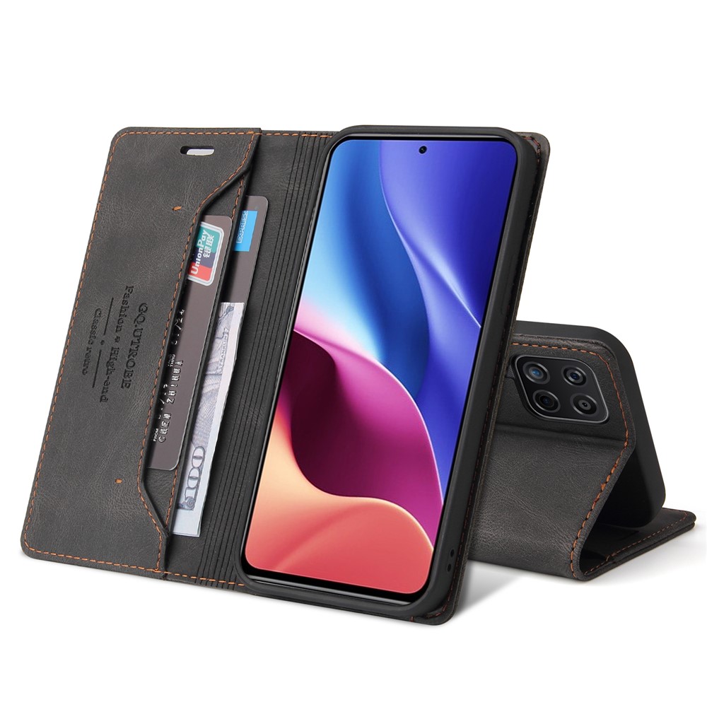 GQ.UTROBE Auto- absorbed Quality Leather Phone Shell Case with Anti-theft Swiping Design for Samsung Galaxy A12 - Black-4