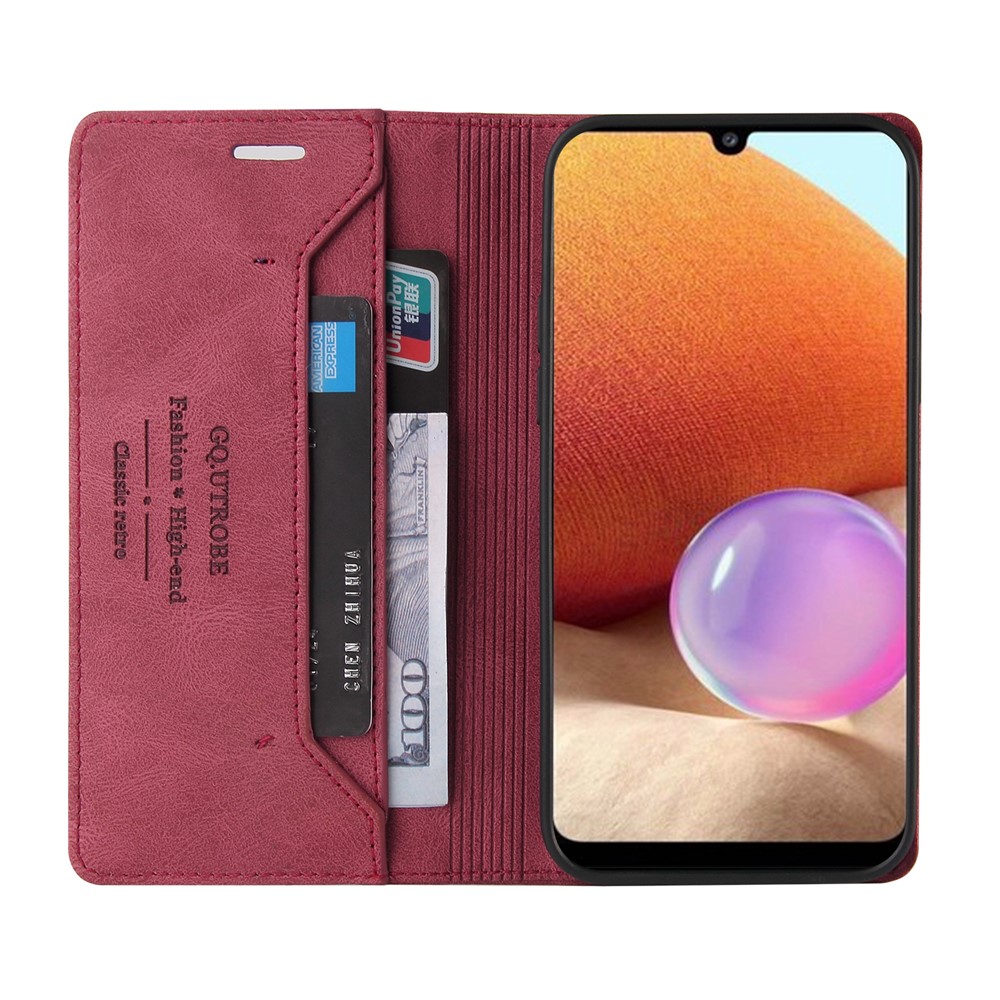 GQ.UTROBE Auto- absorbed Quality Leather Phone Shell Case with Anti-theft Swiping Design for Samsung Galaxy A32 4G - Wine Red-4
