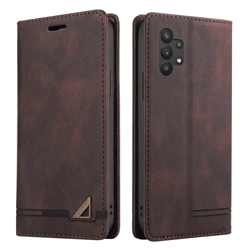 GQ.UTROBE Auto- absorbed Quality Leather Phone Shell Case with Anti-theft Swiping Design for Samsung Galaxy A32 5G - Coffee-1