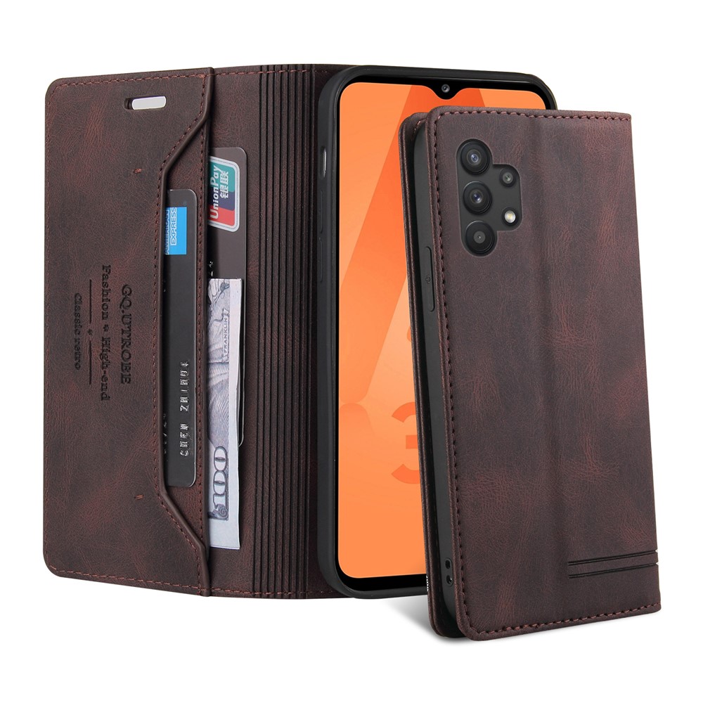 GQ.UTROBE Auto- absorbed Quality Leather Phone Shell Case with Anti-theft Swiping Design for Samsung Galaxy A32 5G - Coffee-10