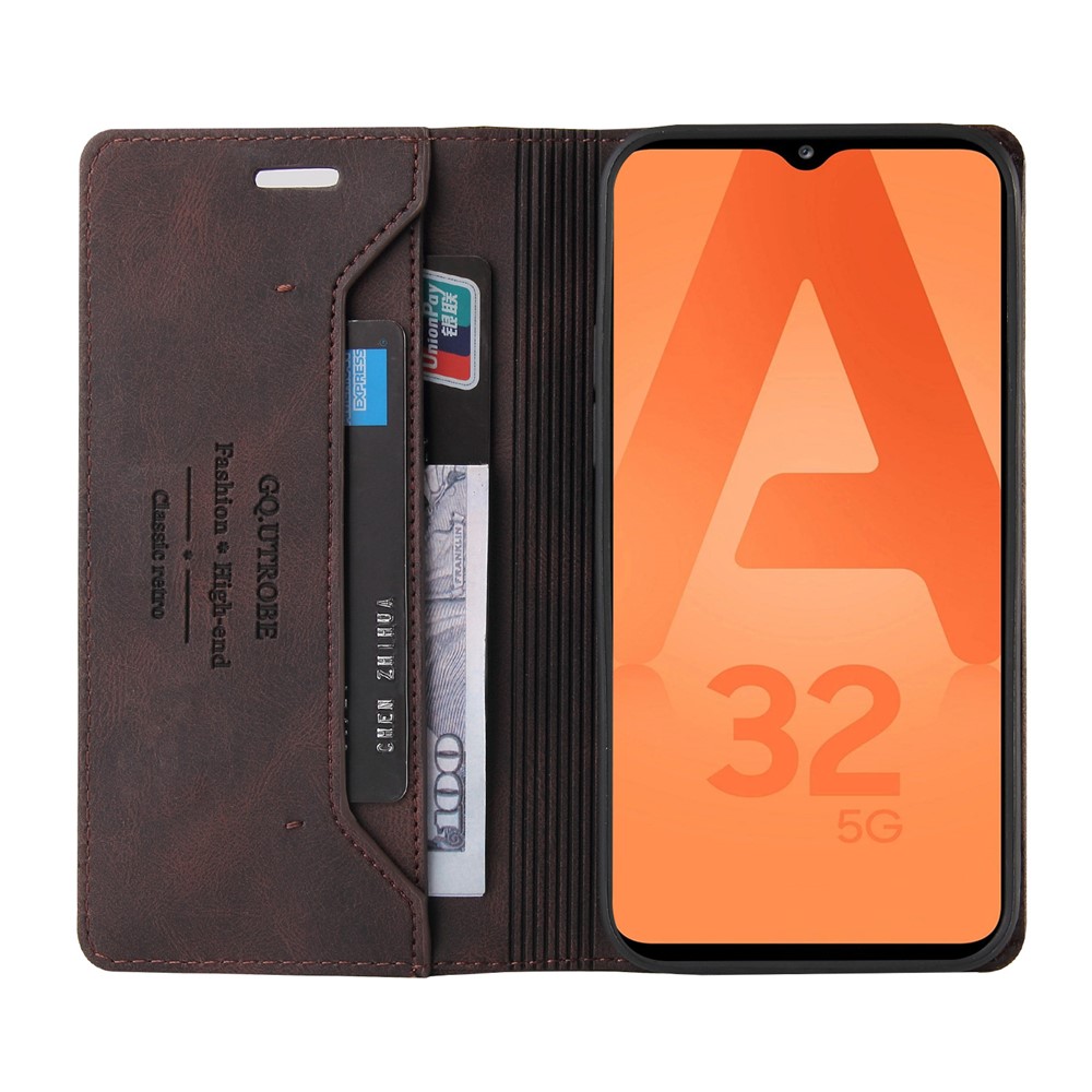 GQ.UTROBE Auto- absorbed Quality Leather Phone Shell Case with Anti-theft Swiping Design for Samsung Galaxy A32 5G - Coffee-5