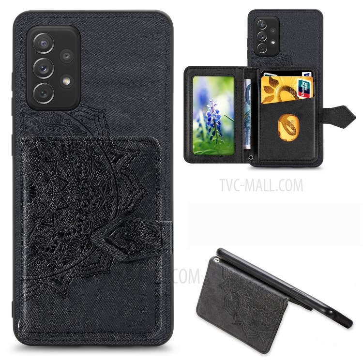 Wallet Kickstand Mandala Imprinting PU Leather Coated TPU Case + Lanyard for Samsung Galaxy A52 5G/4G - Black-1