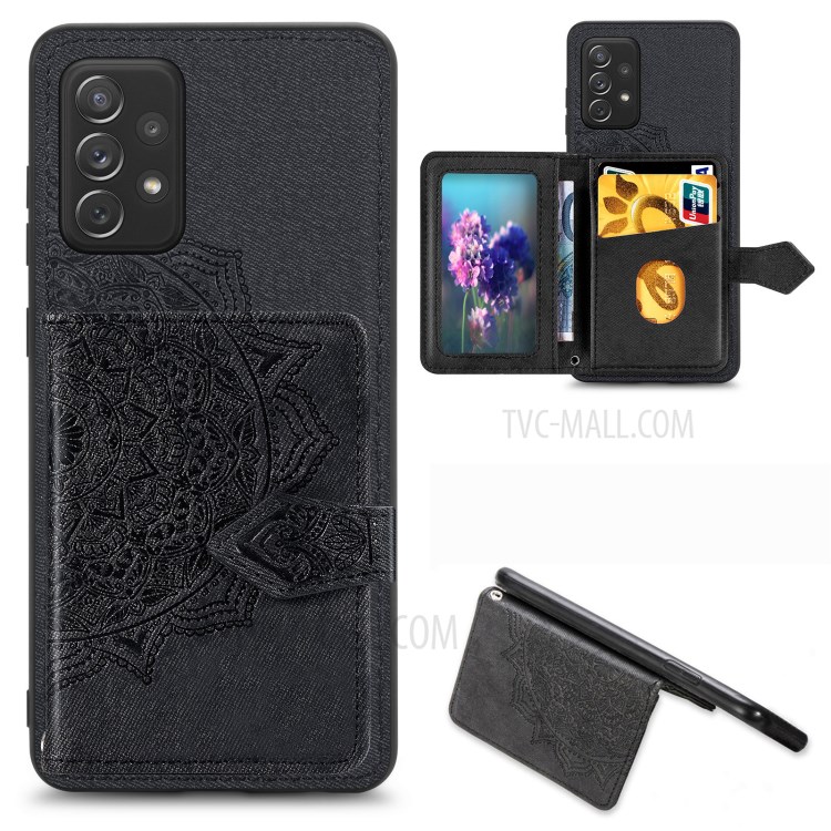 Mandala Imprinting Design PU Leather Coated TPU Case + Lanyard with Wallet Kickstand for Samsung Galaxy A72 5G/4G - Black-1