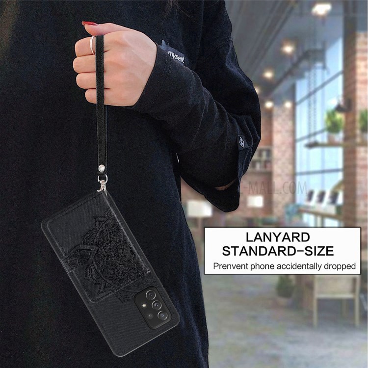 Mandala Imprinting Design PU Leather Coated TPU Case + Lanyard with Wallet Kickstand for Samsung Galaxy A72 5G/4G - Black-3