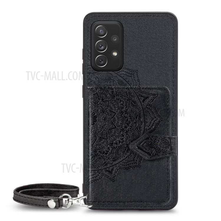 Mandala Imprinting Design PU Leather Coated TPU Case + Lanyard with Wallet Kickstand for Samsung Galaxy A72 5G/4G - Black-7