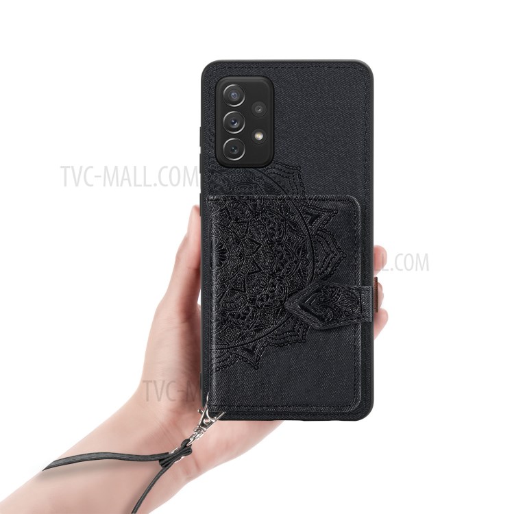 Mandala Imprinting Design PU Leather Coated TPU Case + Lanyard with Wallet Kickstand for Samsung Galaxy A72 5G/4G - Black-9