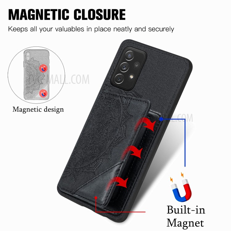 Mandala Flower Pattern PU Leather+TPU Wallet Kickstand Phone Case for Samsung Galaxy A52 5G/4G - Black-8