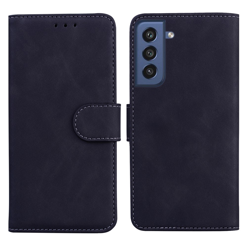 Wallet Stand Design Case for Samsung Galaxy S21 FE Plain Leather Phone Case - Black-1