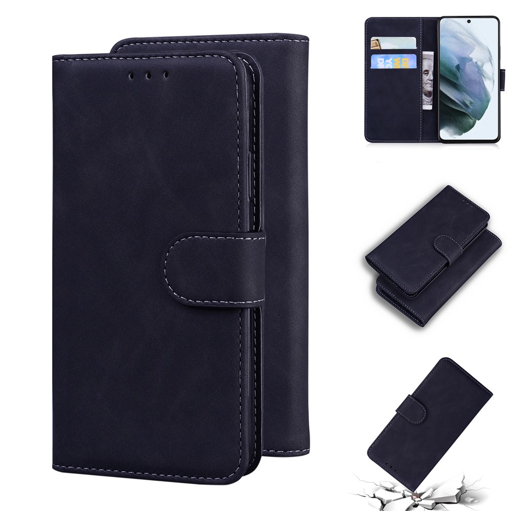 Wallet Stand Design Case for Samsung Galaxy S21 FE Plain Leather Phone Case - Black-8