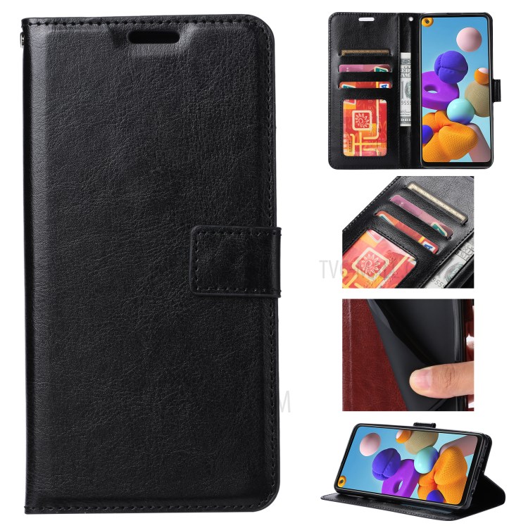 Crazy Horse Stand Wallet Leather Shell for Samsung Galaxy S21 FE Protective Case - Black-7