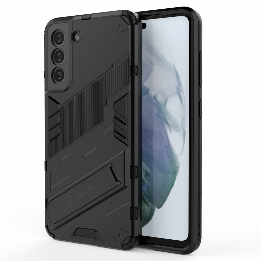 Anti-scratch PC + TPU Hybrid Phone Back Case Shockproof Cover with Kickstand for Samsung Galaxy S21 FE - Black-1