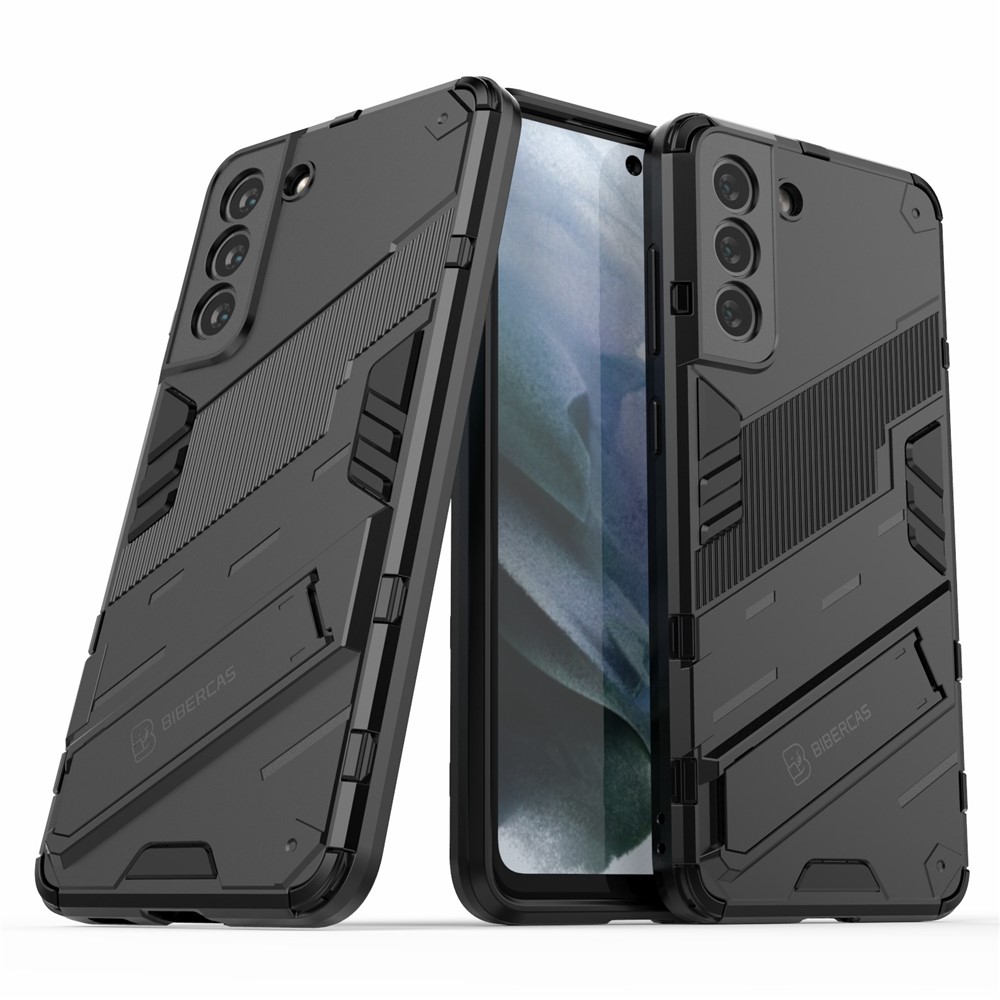 Anti-scratch PC + TPU Hybrid Phone Back Case Shockproof Cover with Kickstand for Samsung Galaxy S21 FE - Black-2