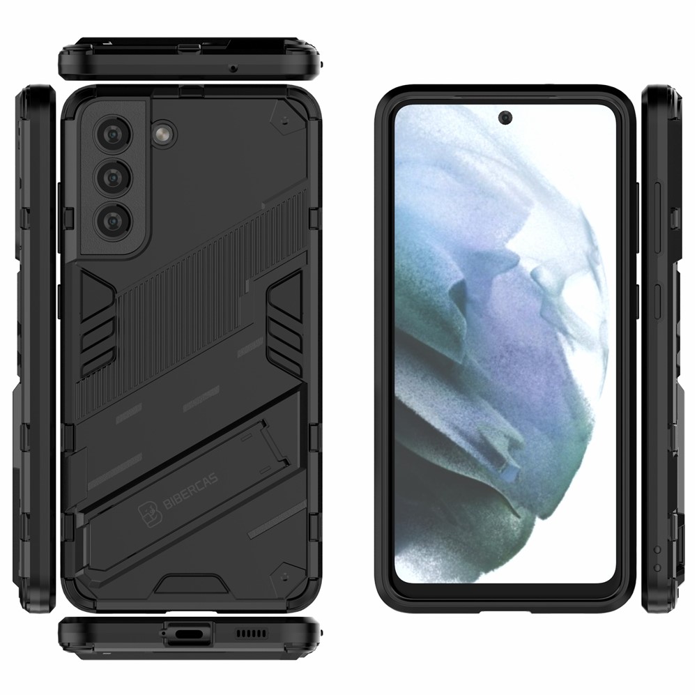 Anti-scratch PC + TPU Hybrid Phone Back Case Shockproof Cover with Kickstand for Samsung Galaxy S21 FE - Black-3