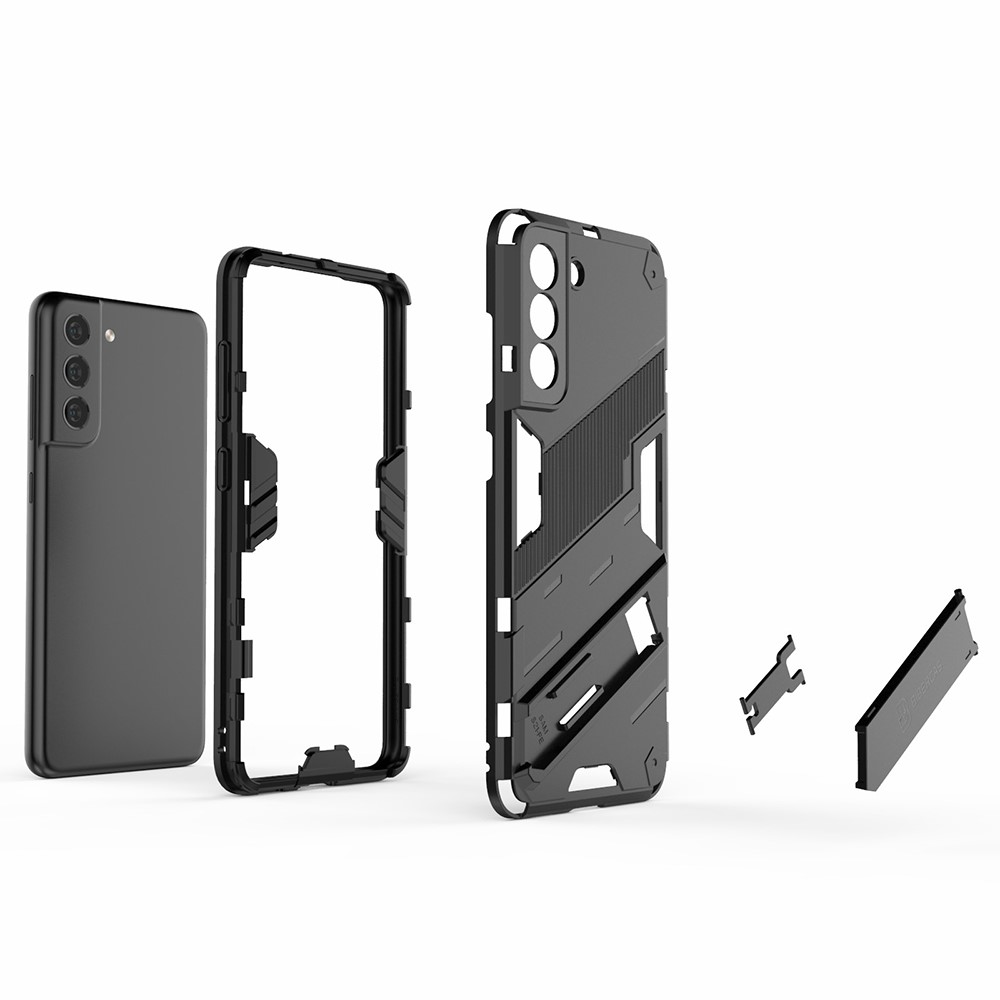 Anti-scratch PC + TPU Hybrid Phone Back Case Shockproof Cover with Kickstand for Samsung Galaxy S21 FE - Black-5