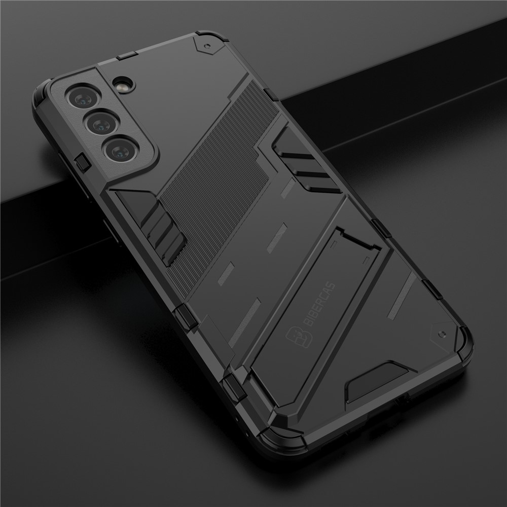 Anti-scratch PC + TPU Hybrid Phone Back Case Shockproof Cover with Kickstand for Samsung Galaxy S21 FE - Black-6