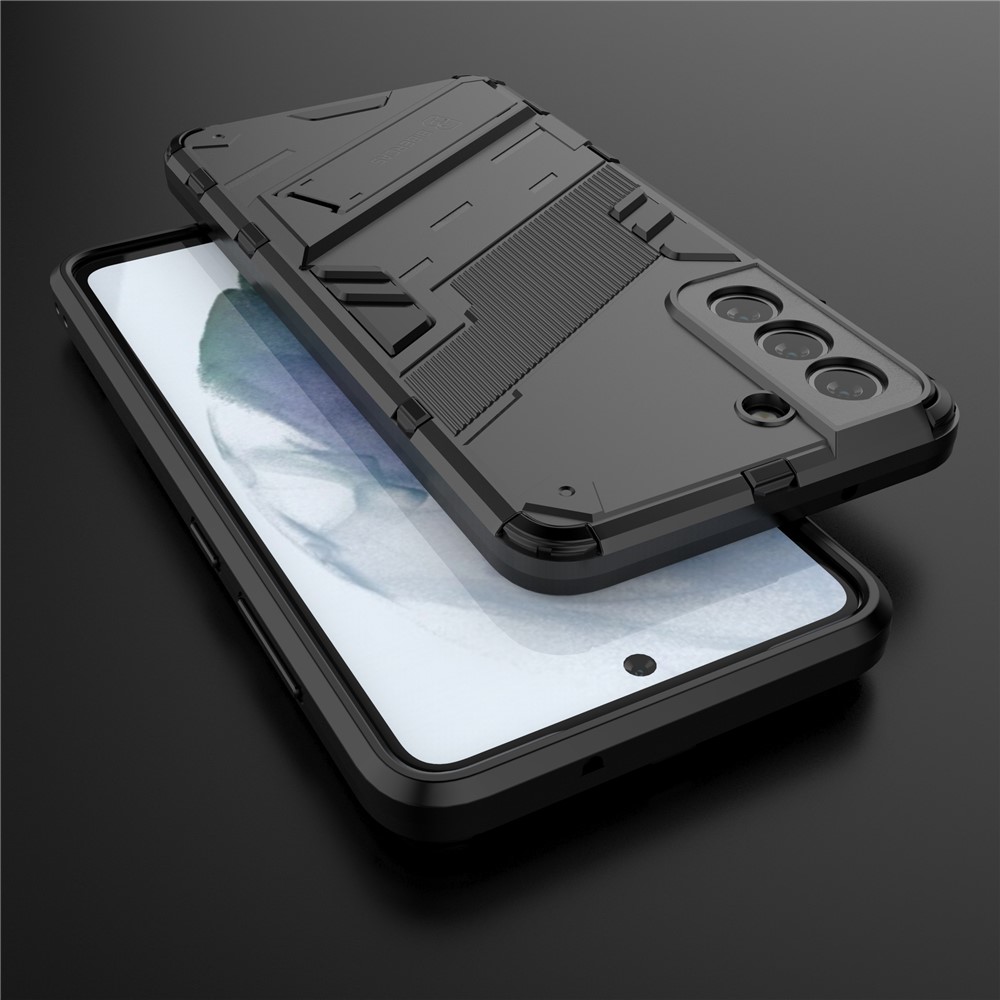 Anti-scratch PC + TPU Hybrid Phone Back Case Shockproof Cover with Kickstand for Samsung Galaxy S21 FE - Black-7