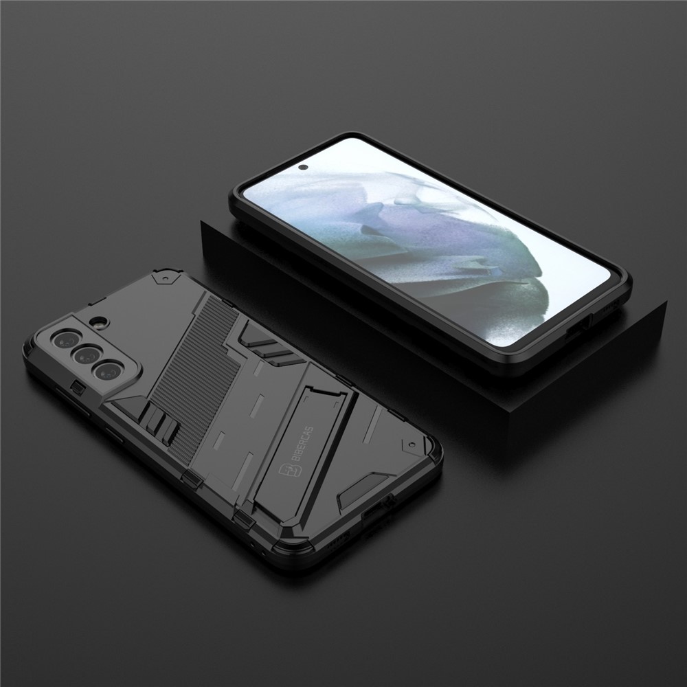 Anti-scratch PC + TPU Hybrid Phone Back Case Shockproof Cover with Kickstand for Samsung Galaxy S21 FE - Black-8