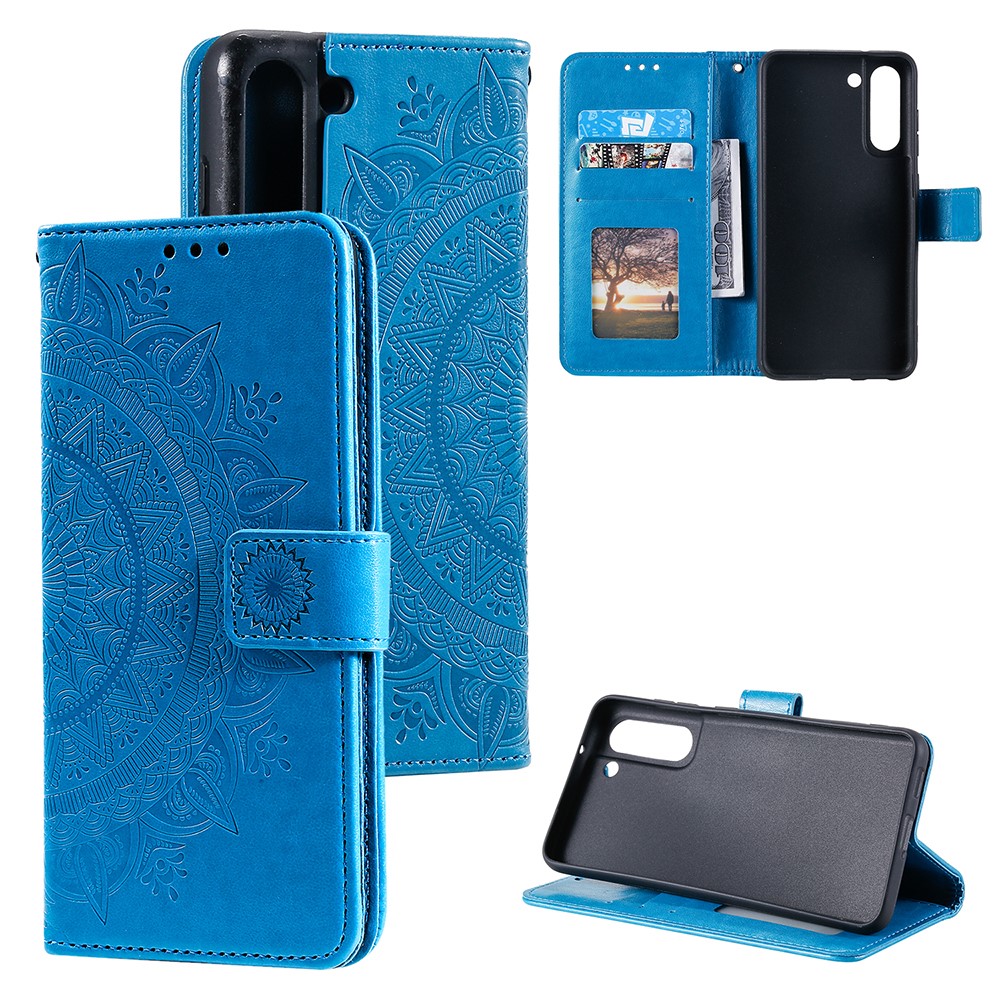 Imprinted Mandala Flower Wallet Leather Case for Samsung Galaxy S21 FE - Blue-10