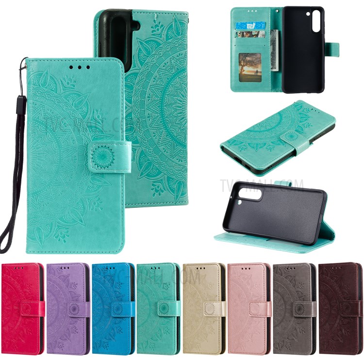 Imprinted Mandala Flower Wallet Leather Case for Samsung Galaxy S21 FE - Blue-11