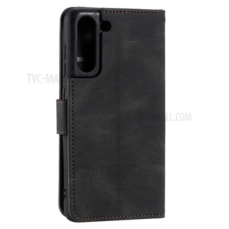 Splicing Stitching Skin-touch PU Leather Case Stand Protector Cover for Samsung Galaxy S21 FE - Black-7