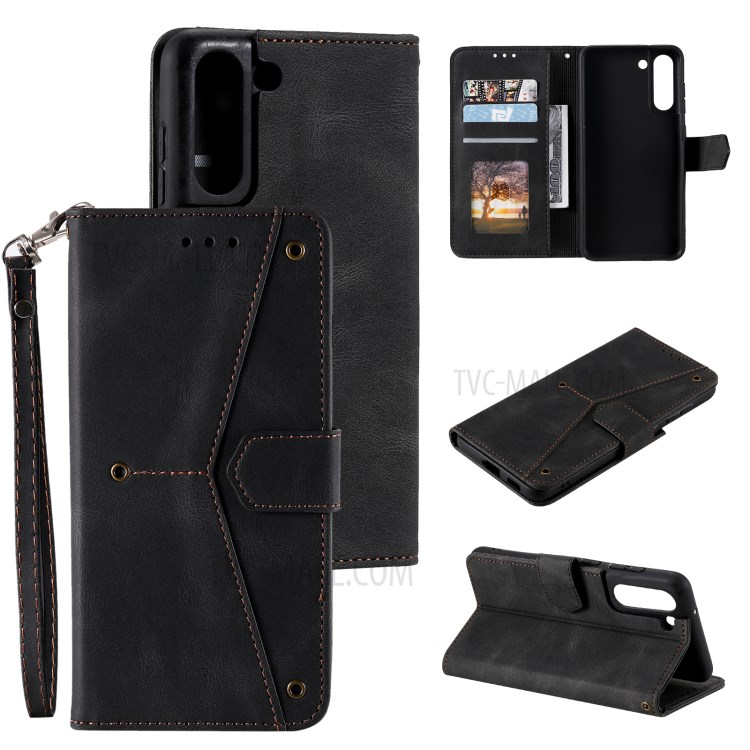 Splicing Stitching Skin-touch PU Leather Case Stand Protector Cover for Samsung Galaxy S21 FE - Black-8