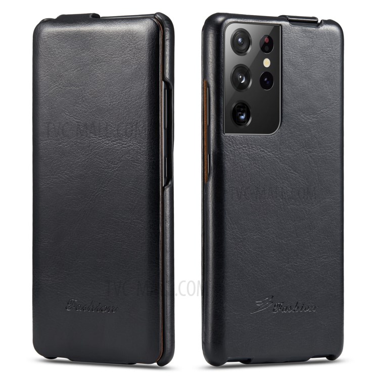 Vertical Flip Phone Cover Textured Leather Shell for Samsung Galaxy S21 Ultra 5G - Black-1