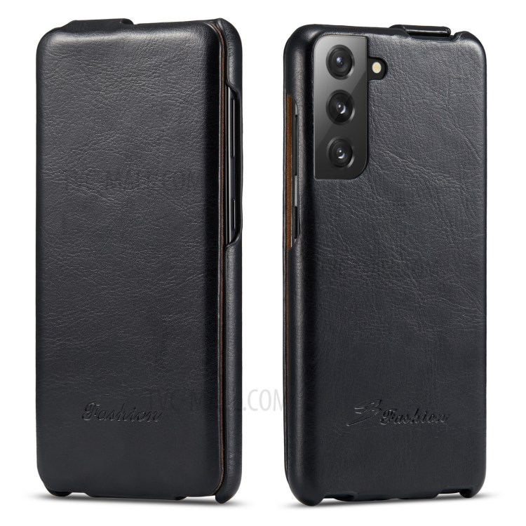 Anti-scratch Textured Leather Phone Cover Vertical Flip Shell for Samsung Galaxy S21+ 5G - Black-1