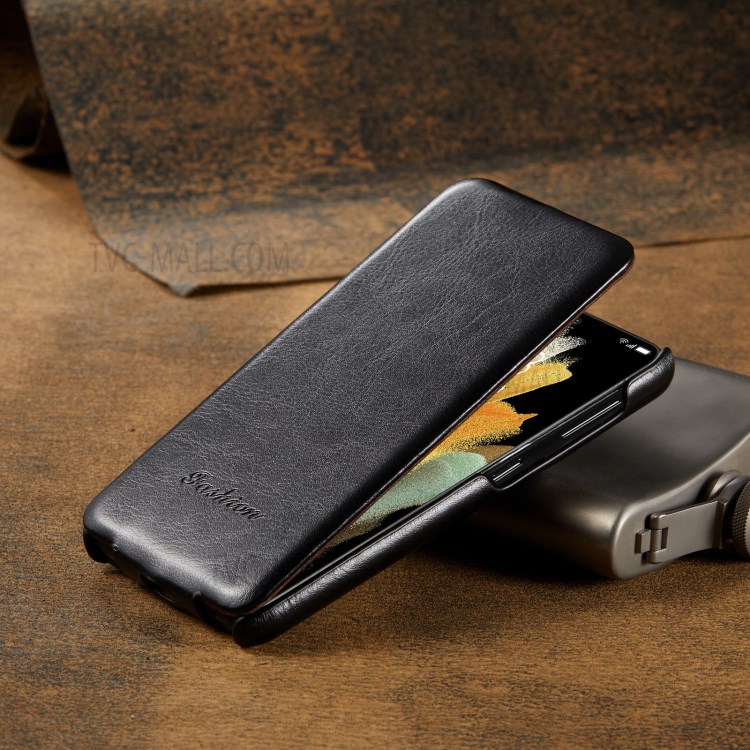 Anti-scratch Textured Leather Phone Cover Vertical Flip Shell for Samsung Galaxy S21+ 5G - Black-9