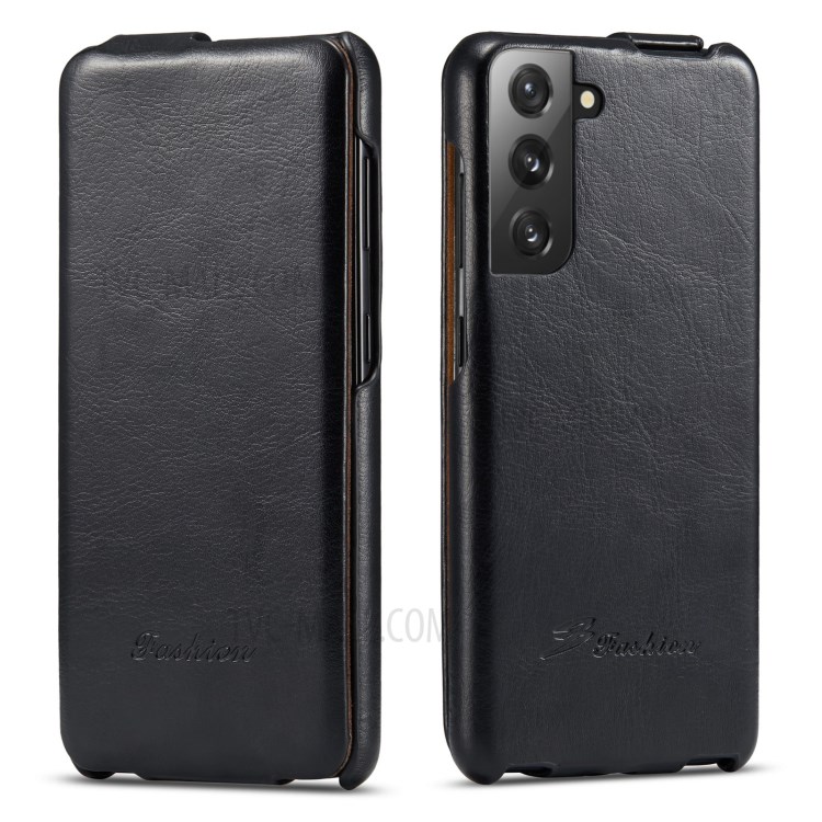 Textured Leather Phone Cover Vertical Flip Shell for Samsung Galaxy S21 5G - Black-1